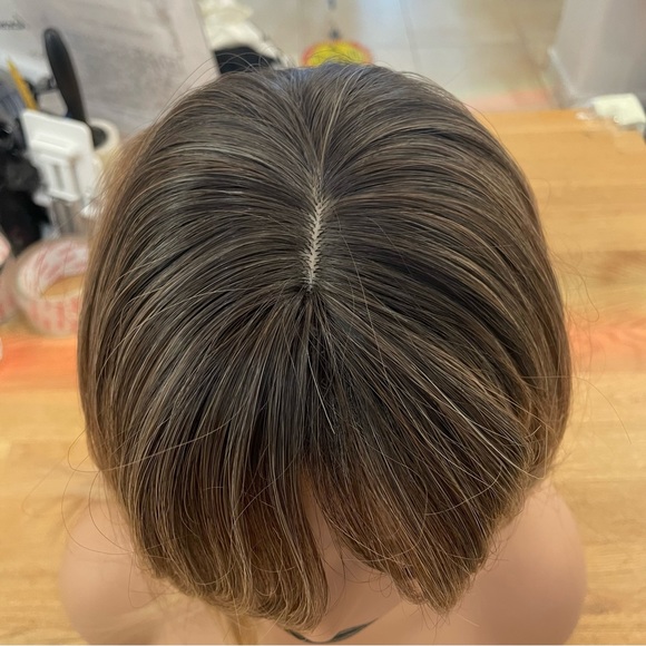 - Human hair brown ombre blonde blend dark root wig